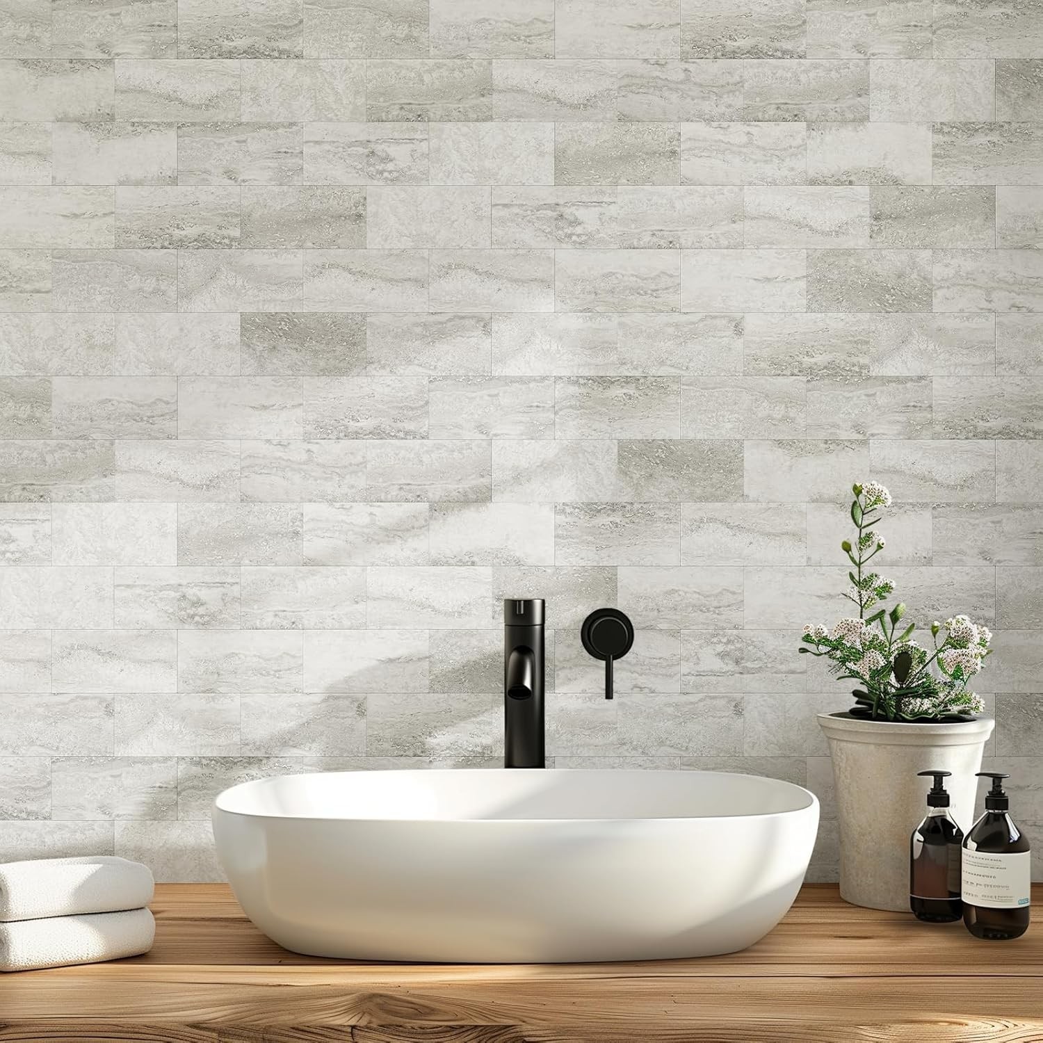 100-Piece Matt Beige Mixed Grey Slate Peel and Stick Backsplash Seamless Tile…