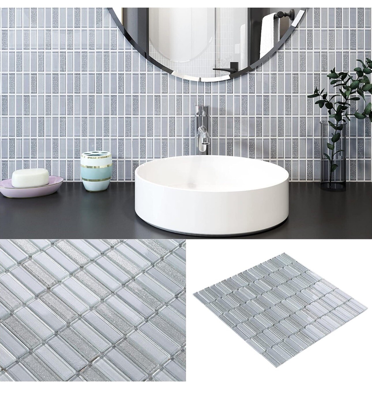 11PC Silver Glass Mosaic Stacked Pattern Mosaic Tile Wall Backsplash 12×12” Each