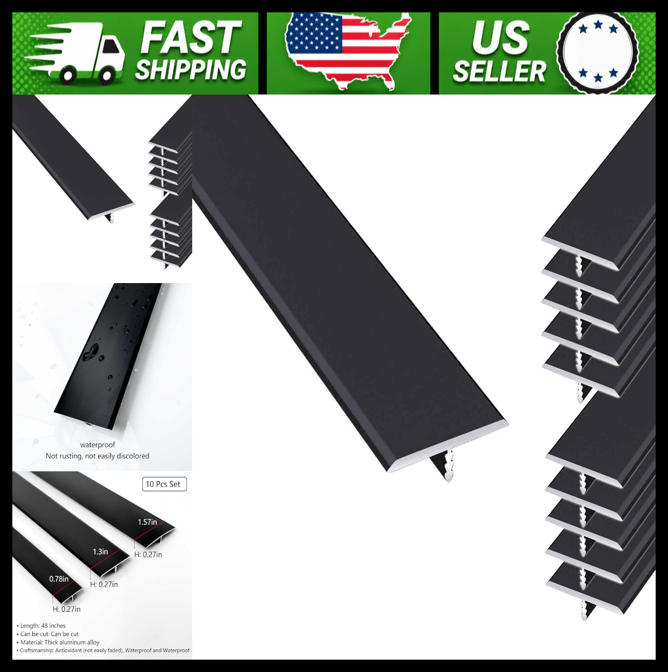 Aluminum T Molding Floor Transition Strip, Black, 4ft, 10 Pack