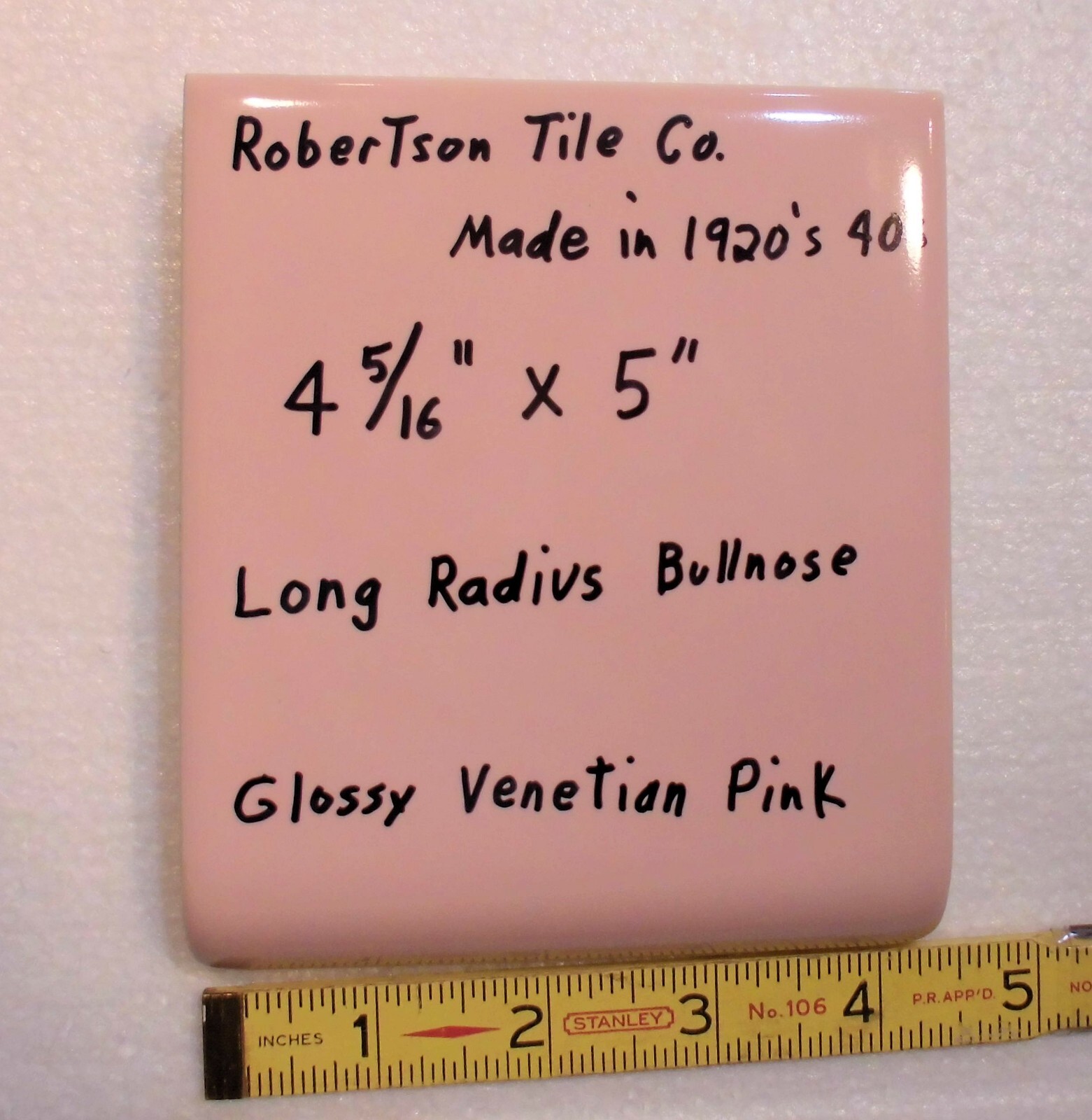 1 pc. Venetian Pink: Glossy Ceramic Radius Bullnose Tile 4-5/16″ X 5″ Robertson