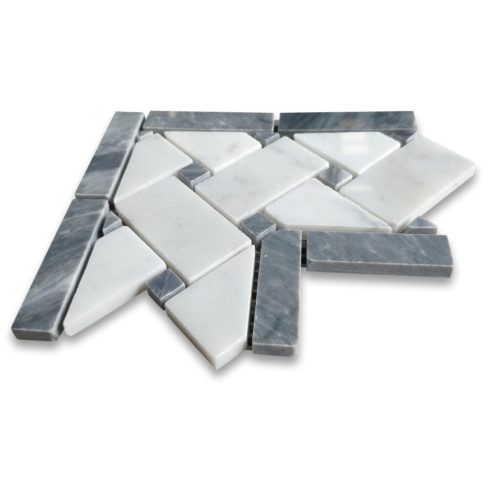 C657CXP Basketweave Mosaic Corner Carrara White Marble Dark Gray Dots Polished