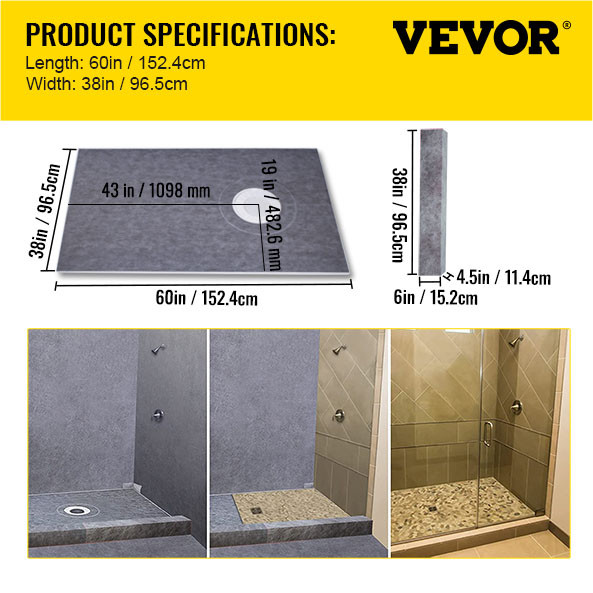 VEVOR Waterproofing Shower Kit Shower Kit Tray 38”x60” with Offset Drain ABS