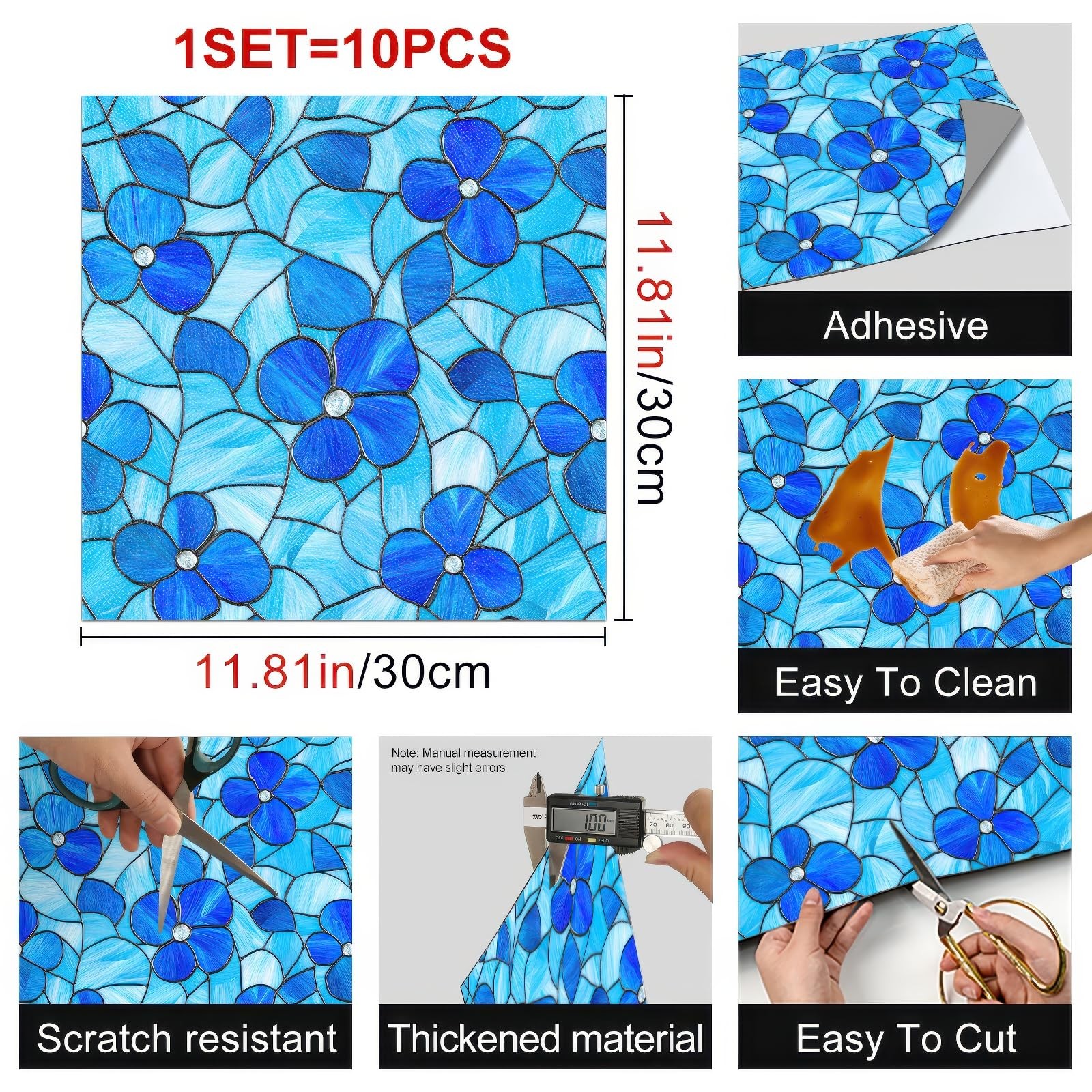 10PCS 12×12 Inch Blue Floral Textured Flat Surface Floor Tiles Peel and Stick Re