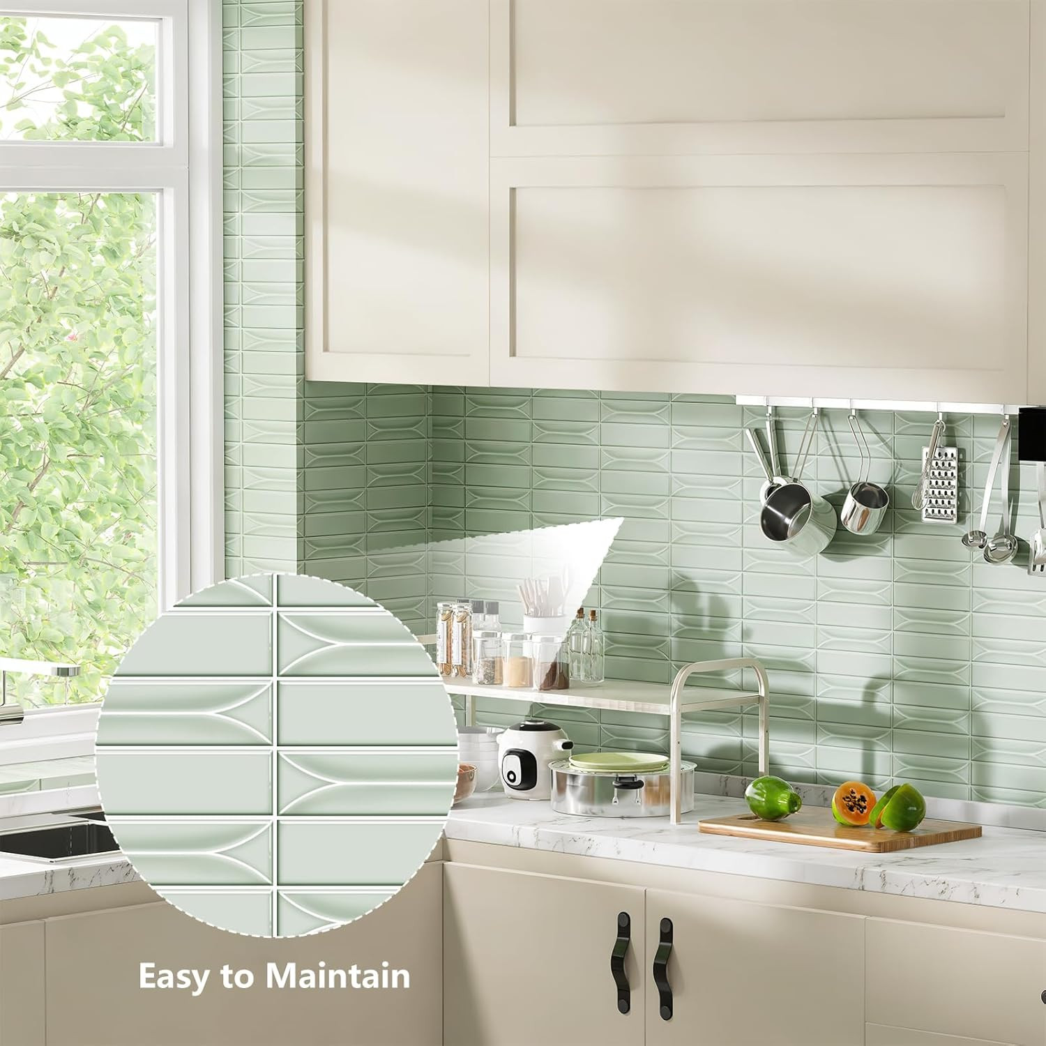 Self-Adhesive Light Green Peel and Stick Backsplash Tiles for Kitchen & Bath
