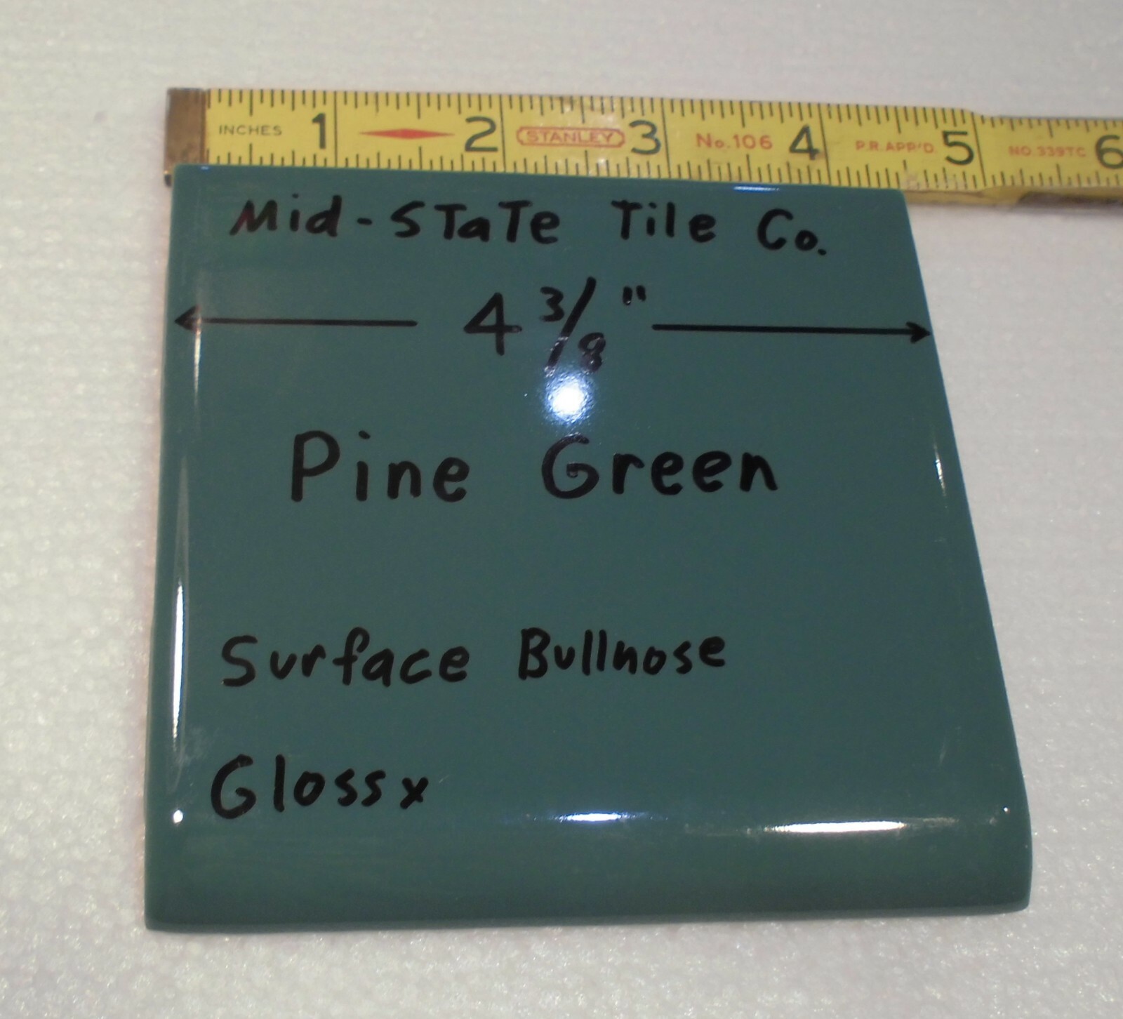 1 pc. *Pine Green* Bullnose Ceramic Tile 4-3/8″ by Mid-State Co. Glossy NEW