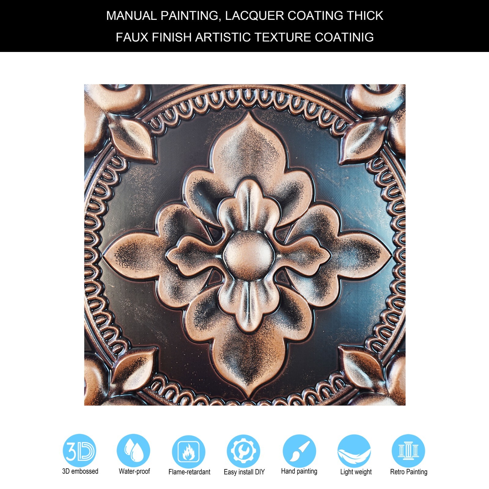 PVC Ceiling Tile 3D Embossed Wall Panel PL30 Traditional copper 10pc PAINTSDECOR
