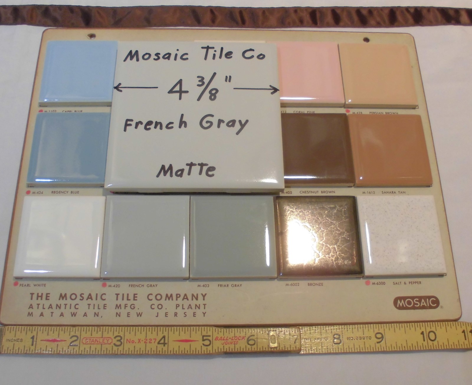 1 pc. Vintage *Light French Gray* Matte Ceramic Tile 4-3/8″ by Mosaic Co. NOS