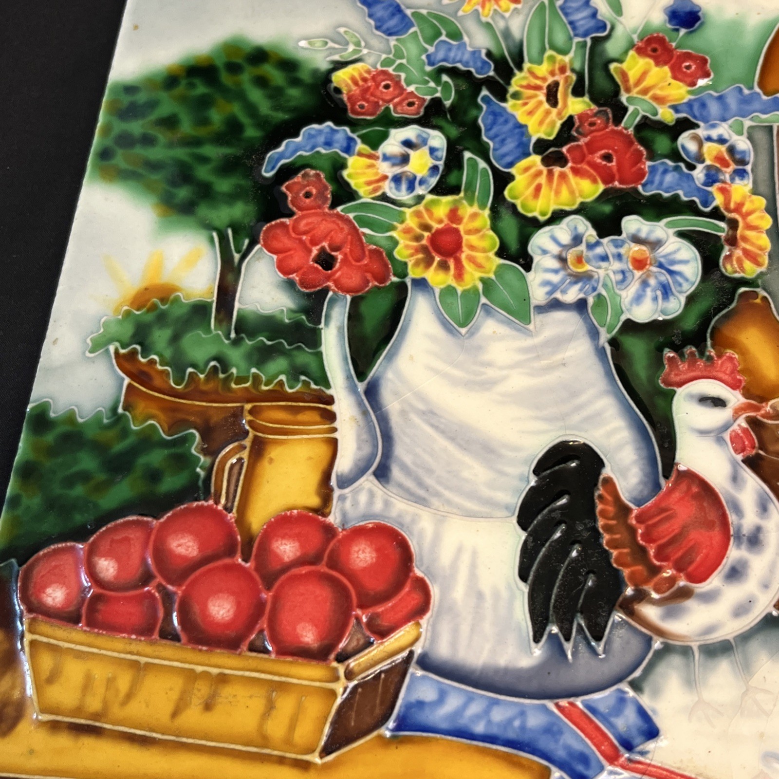 Vtg Farmhouse Kitchen Wall Hanging Garden Table Chicken 12″ Floral Ceramic Tile