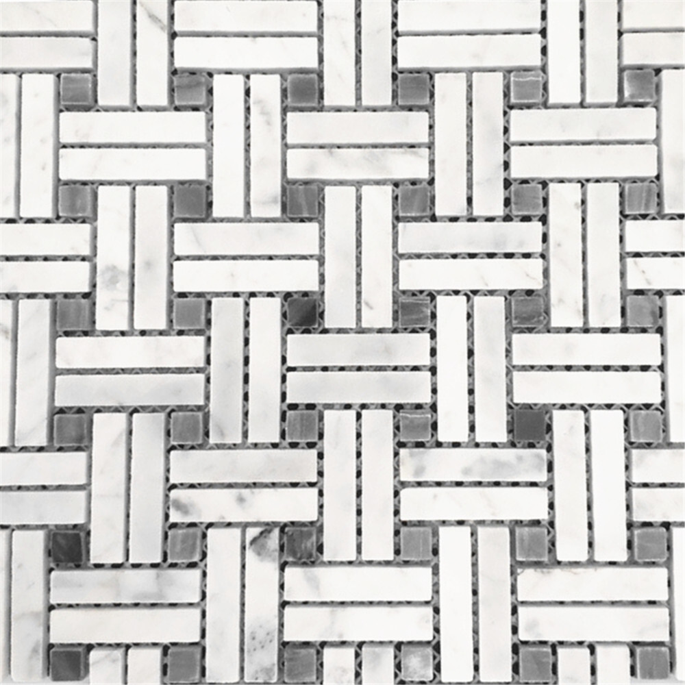 C697XP Carrara White Diagonal Basket Weave Gray dots Marble Mosaic Polished