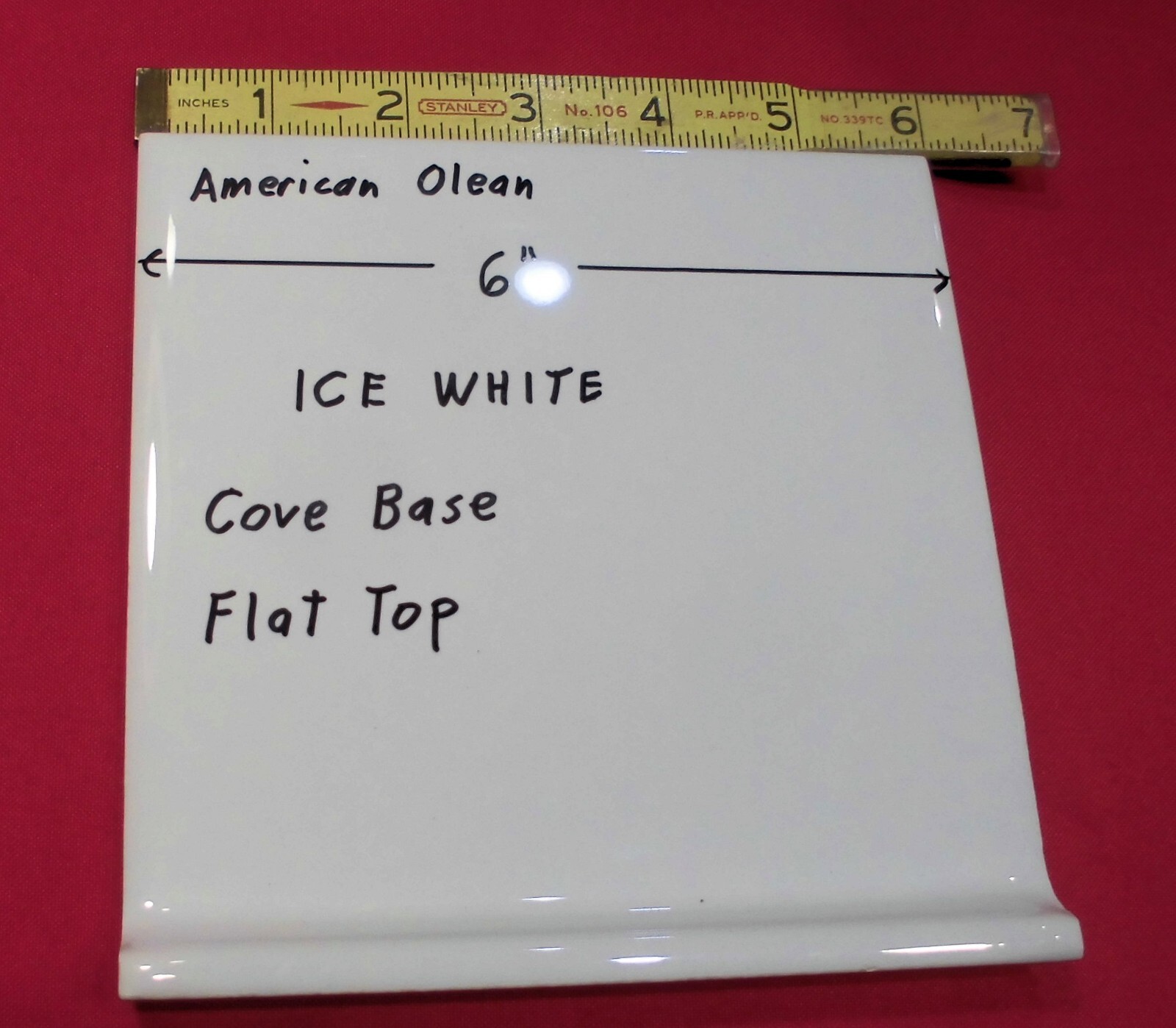 1 pc. Glossy Ice – Arctic White: Flat Top; base/cove Ceramic Tile: 6″ X 6″ NEW