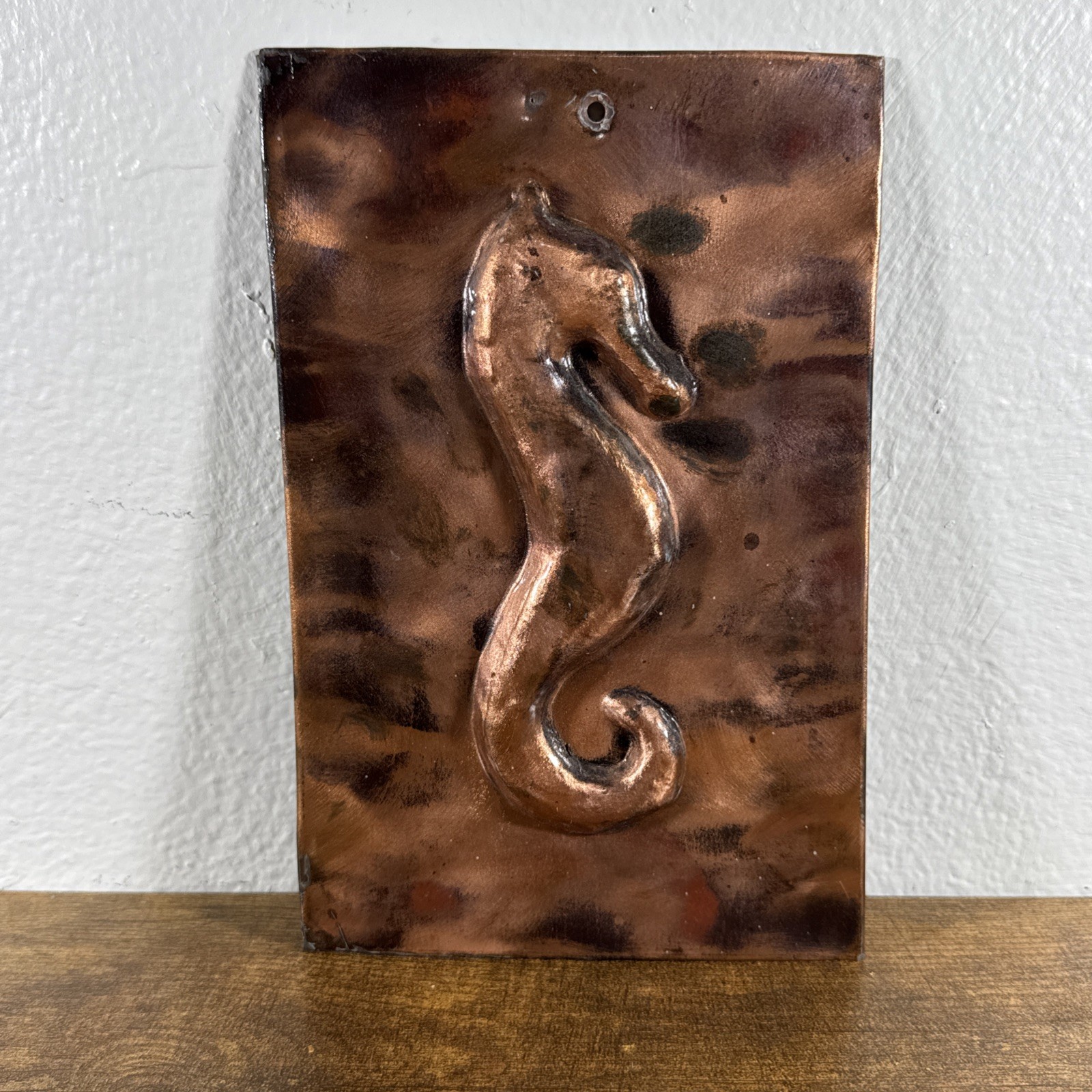 8.5 X 5.5 COPPER PATINA DECORATIVE WALL TILE SEA HORSE SEA LIFE