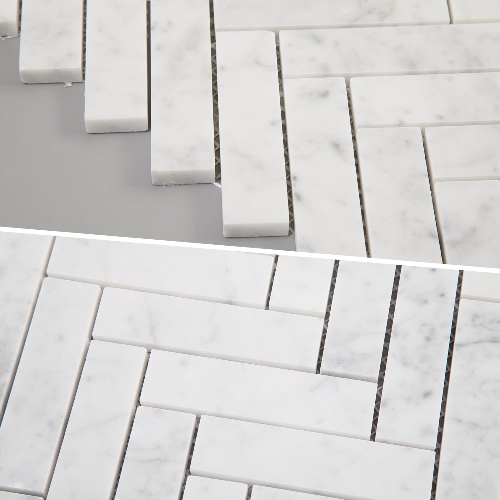 Soulscrafts White Carrara Marble Mosaic Tile, Marble Tile 1×3 Herringbone Pol…