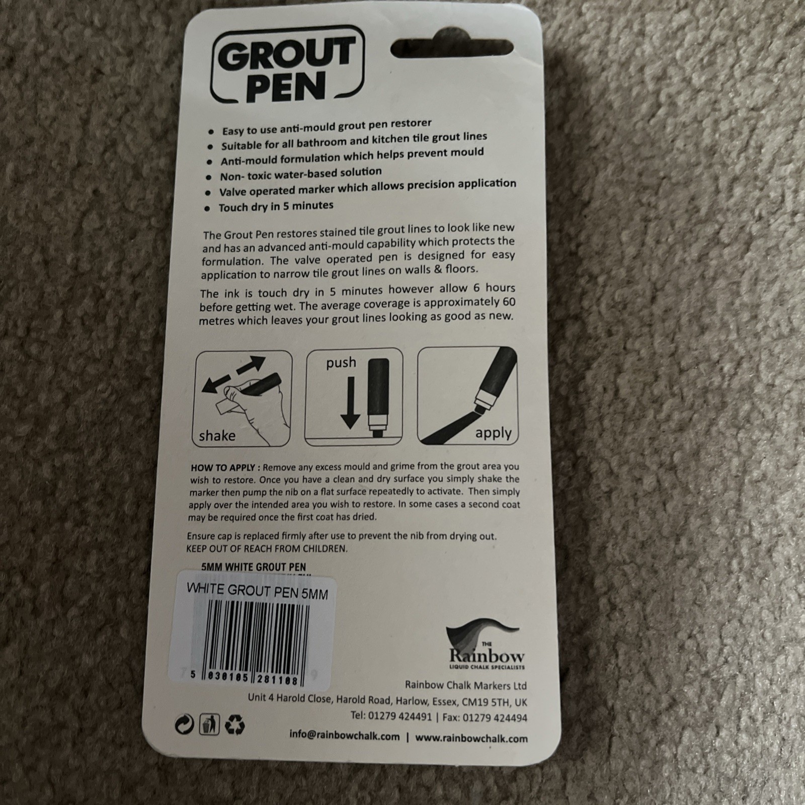 RAINBOW GROUT RESTORER PEN 7ml 5mm White New Sealed