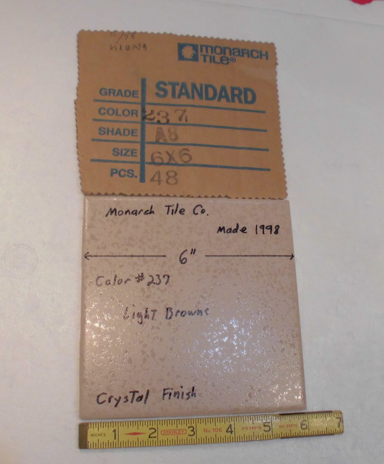 1pc. Light Brown Crystal Finish Ceramic Floor Tile: 6″ X 6″ by Monarch, made USA