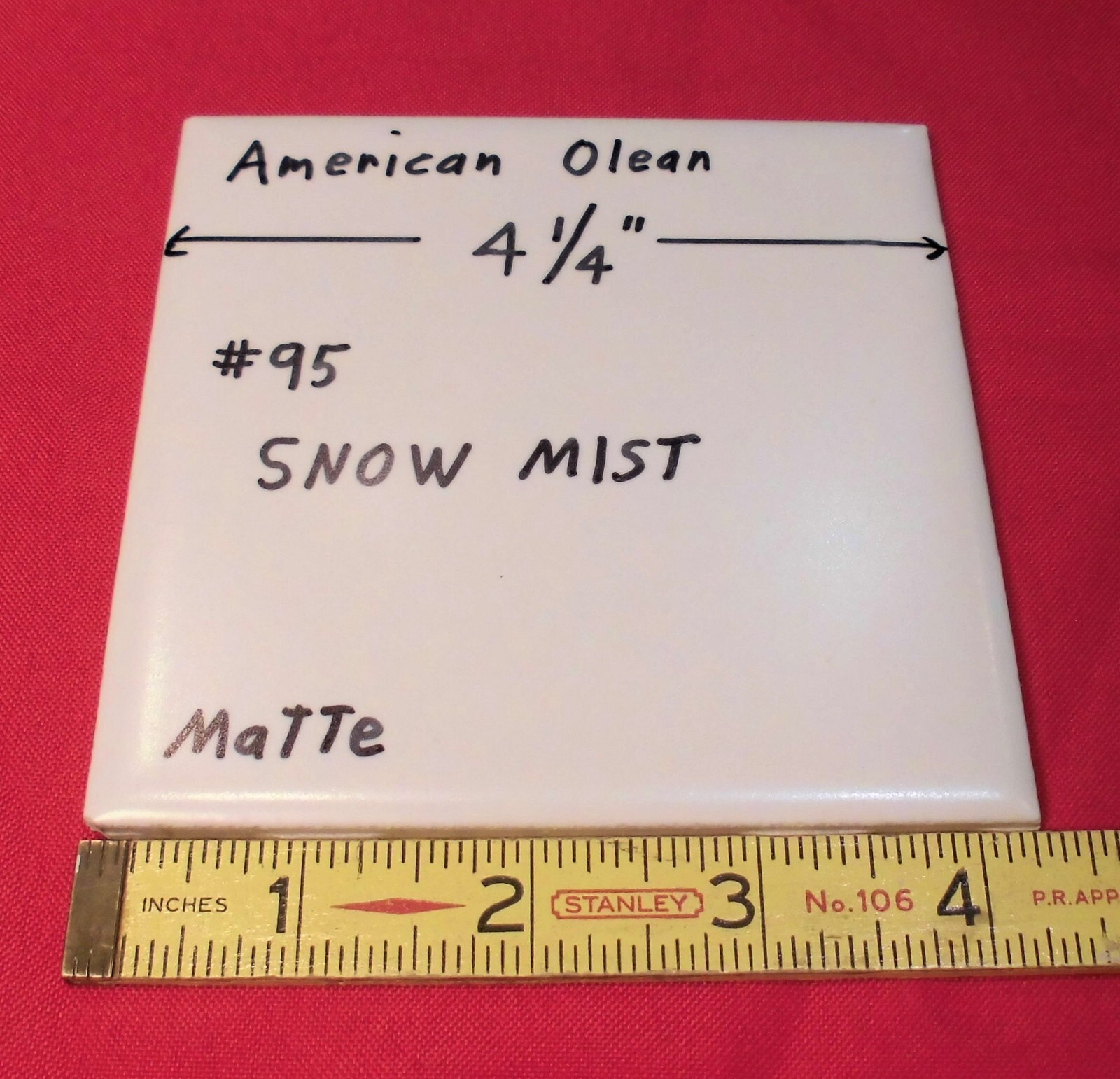 1 pc. Snow Mist: 4-1/4″ Matte White Ceramic Tile: American Olean, 1950’s-80’s