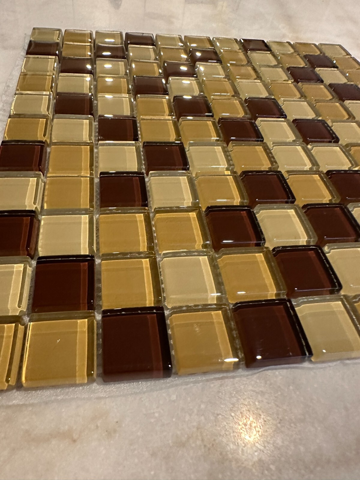 Dark Beige Mix Glossy Glass Mosaic 1″x1″ Stacked Mesh Mounted
