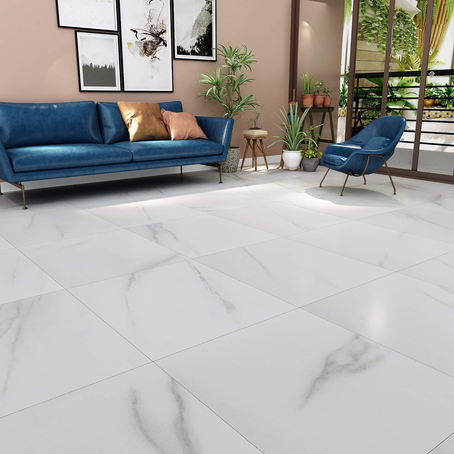 Durable White Marble Peel and Stick Vinyl Floor Tiles – 12×12 Inches, 4-Pack