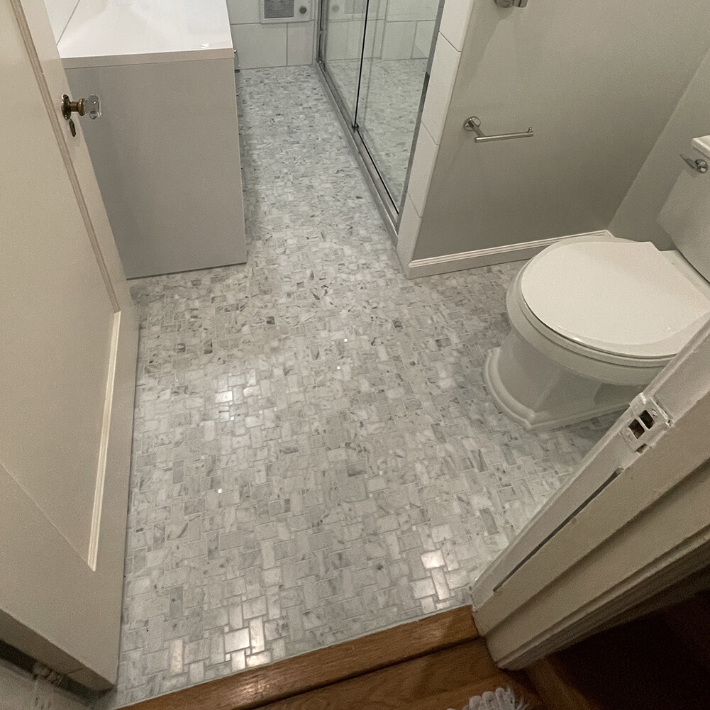 C650XP Carrara White Marble Basketweave Mosaic Tile White Dots Polished 1×2