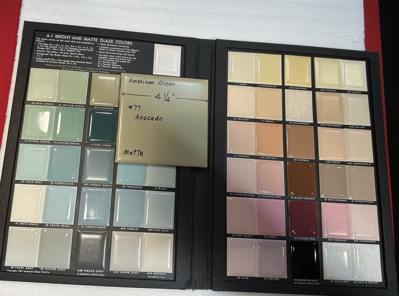 1 pc. Avocado Green: 4-1/4″ Matte Ceramic Tile #77 by American Olean Co. New
