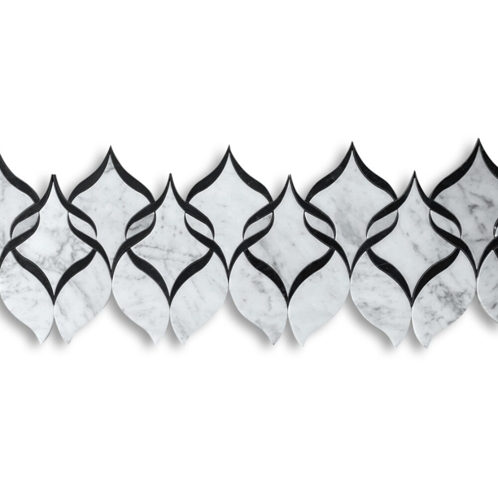 C89B1H Carrara White Marble Helix Ribbon Waterjet Mosaic Tile Marquina Black