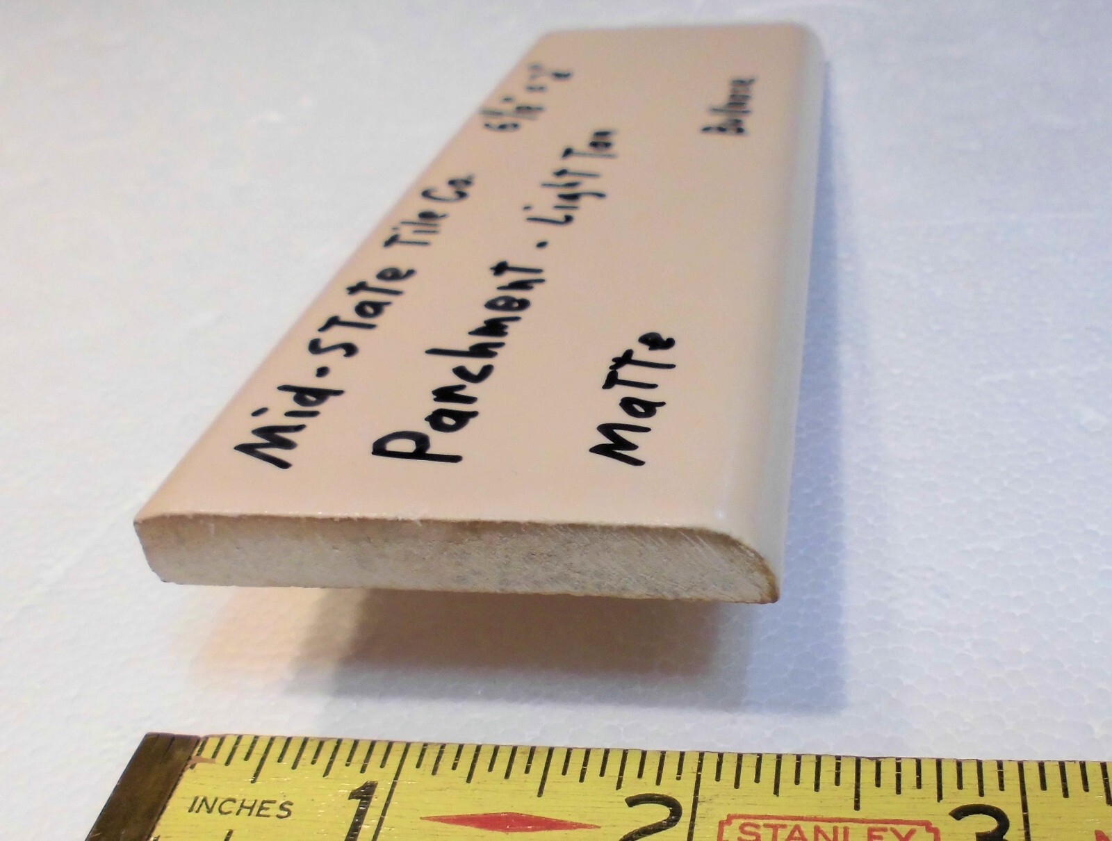 1 pc. Parchment-Light Tan 2” X 6-1/8” Matte Ceramic Bullnose Tile Mid-State Co.