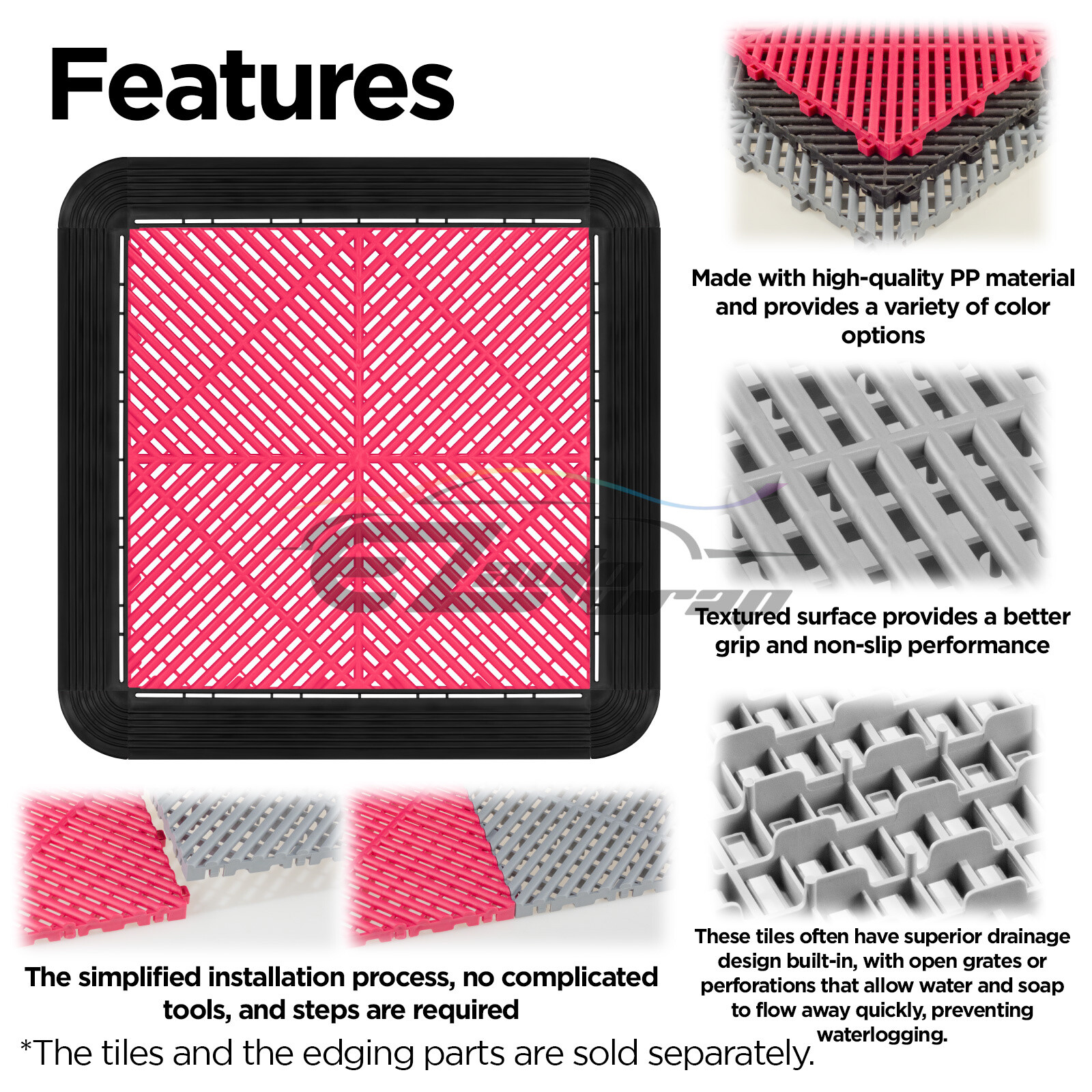 34pcs 16″x16″ Pink Garage Floor Mat Perforated Flooring Tile Shop Interlocking