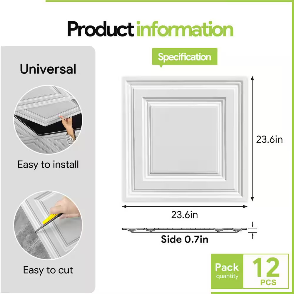 White 2 Ft. X 2 Ft. Decorative Smooth Ceiling Tile 48 (Sq. Ft. / Case) 12-Tiles
