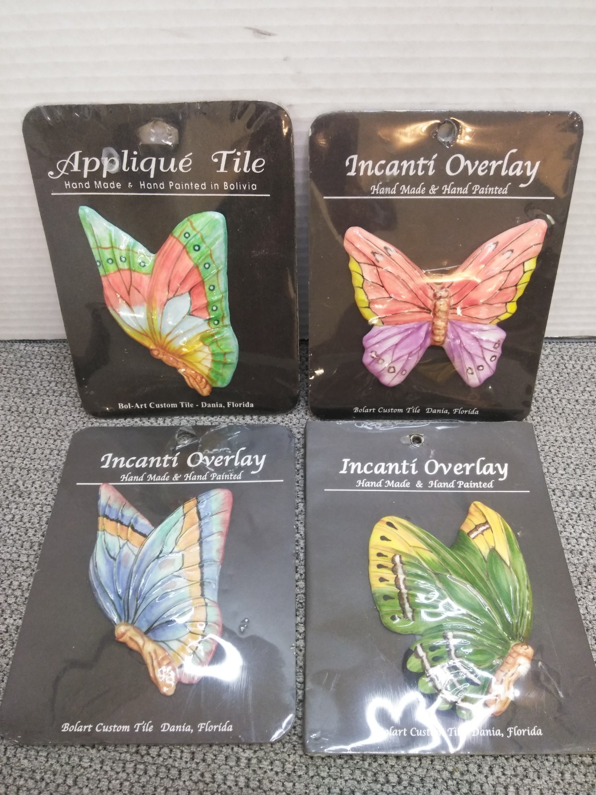 Bolart Custom Tile BUTTERFLY Hand Made Hand Painted Set Of 4 Incanti Overlay