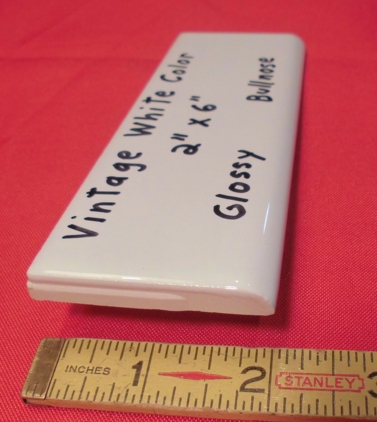 1 pc. *Vintage White* Glossy 2″ X 6″ Ceramic Surface/Flat Bullnose Tiles; NEW