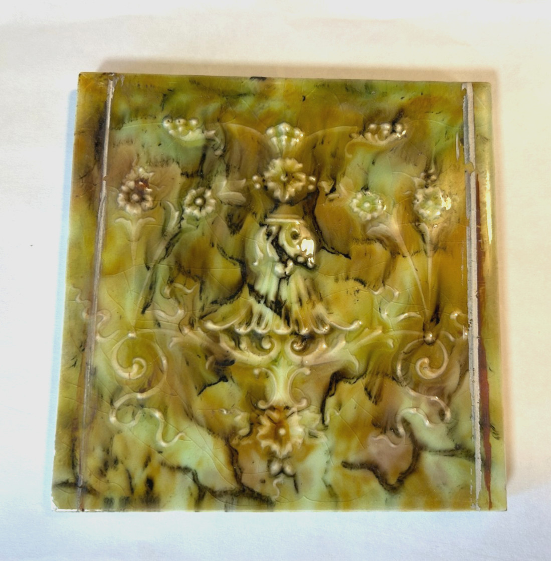 Cambridge Mottled Greens Antique Glaze Art Nouveau Majolica Tile 6″ X 6″