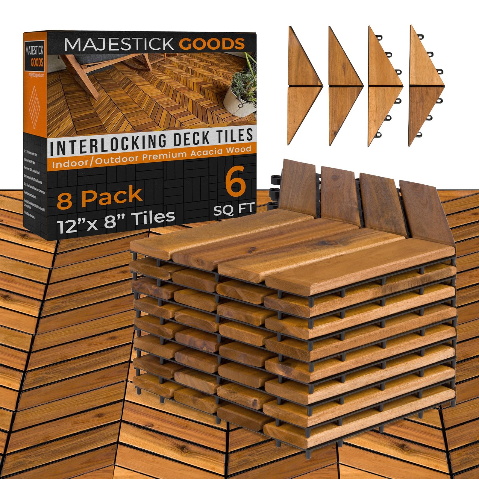 Interlocking Deck Tiles, 8-Pack Herringbone Acacia Wood Patio Tiles with 2 Ed…
