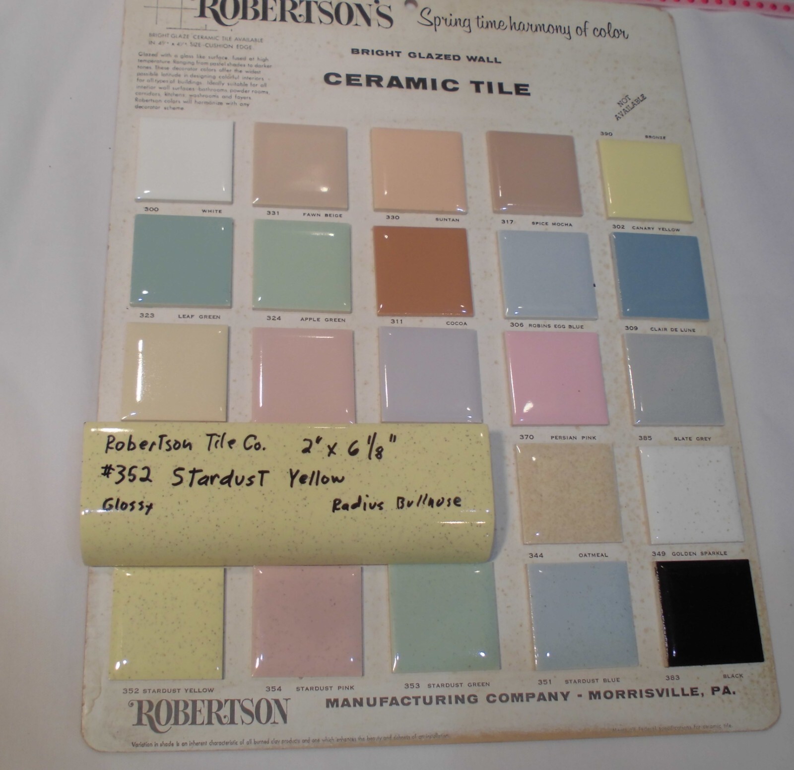 1 pc. *Stardust Yellow* Ceramic Tile; 2″ X 6-1/8″ Radius Bullnose; by Robertson