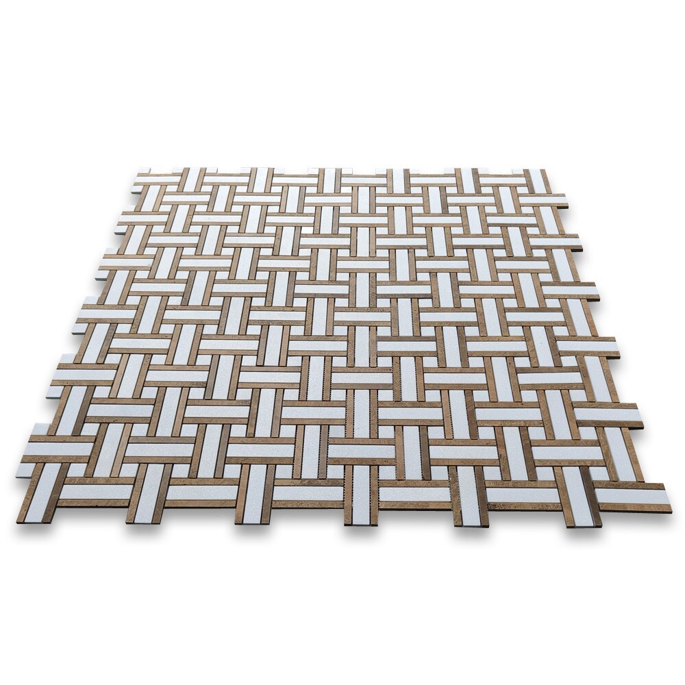T66A8XH Thassos White Marble Twine Basketweave Mosaic Tile Yellow Woodgrain