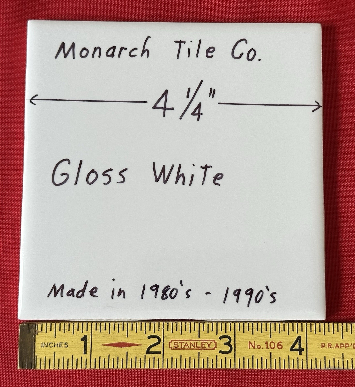 1 pc. Gloss – Bright – White: 4-1/4″ Ceramic Tile by Monarch Tile Co. USA, New
