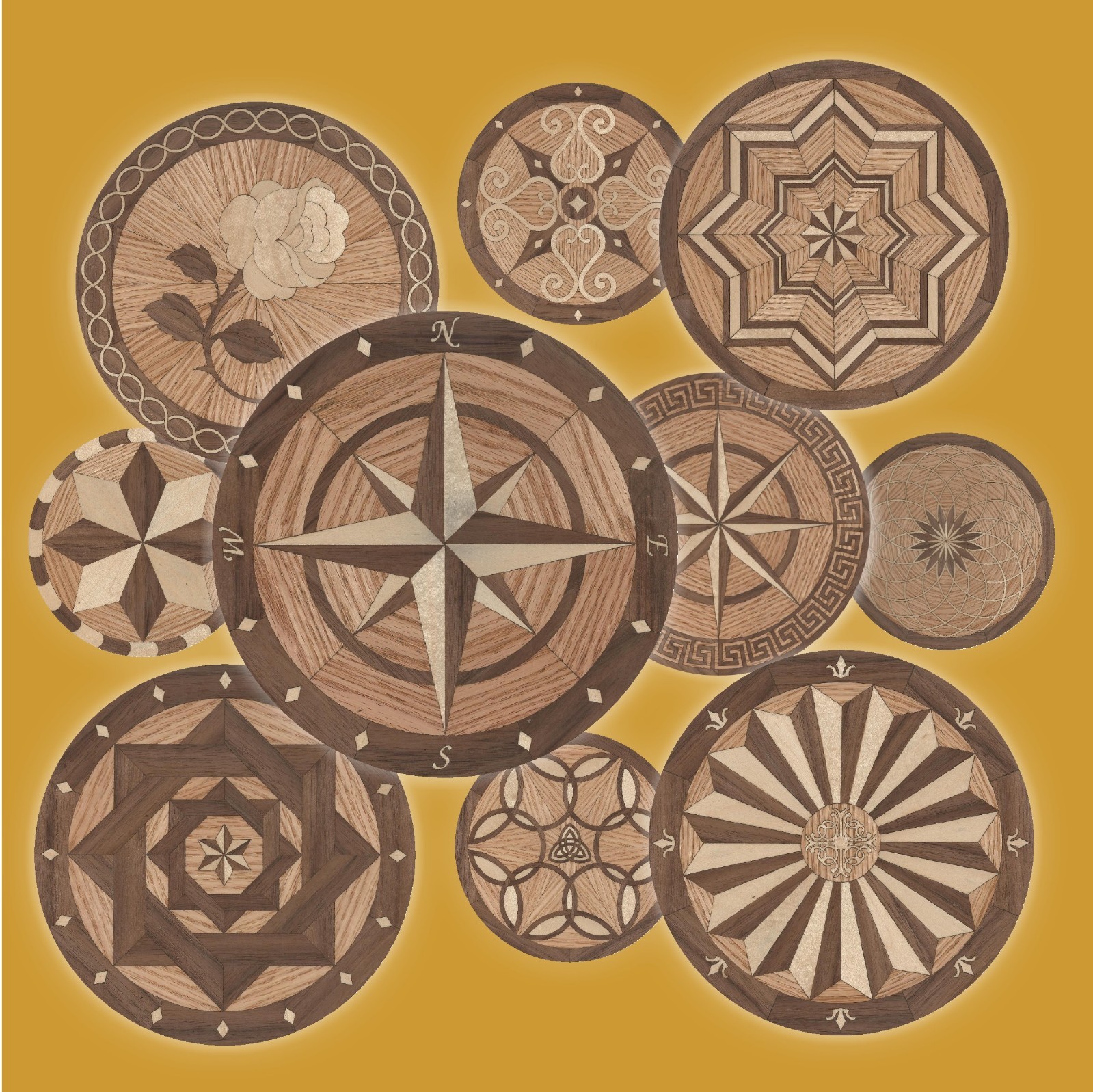 24″ 18″ or 12″ Dia x 3/4″ Thk HARDWOOD FLOOR MEDALLION – VARIOUS DESIGNS – WOOD