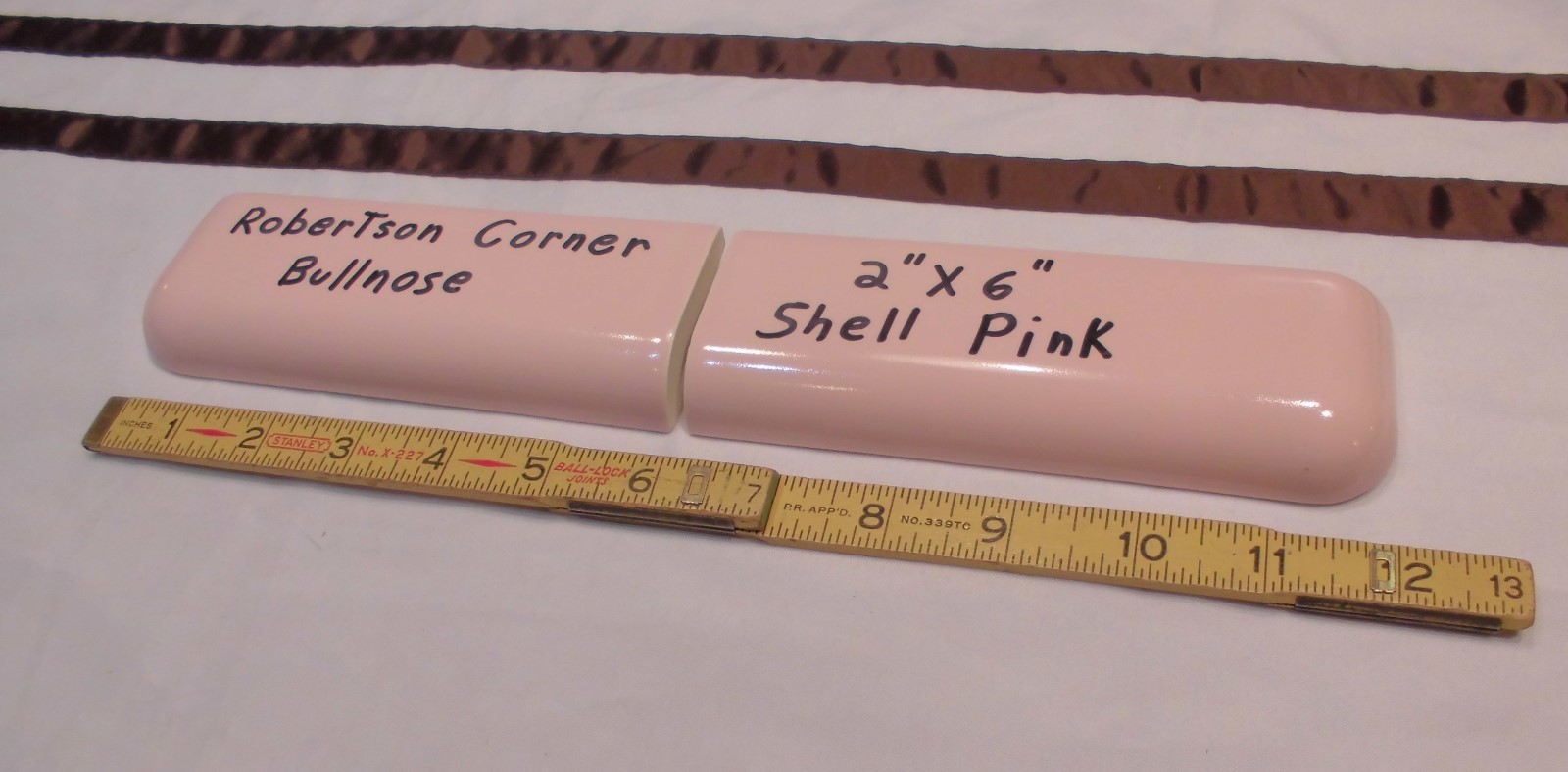 2 pcs. *Shell Pink* 2″ X 6″ Ceramic Radius Bullnose Corner Tiles by Robertson
