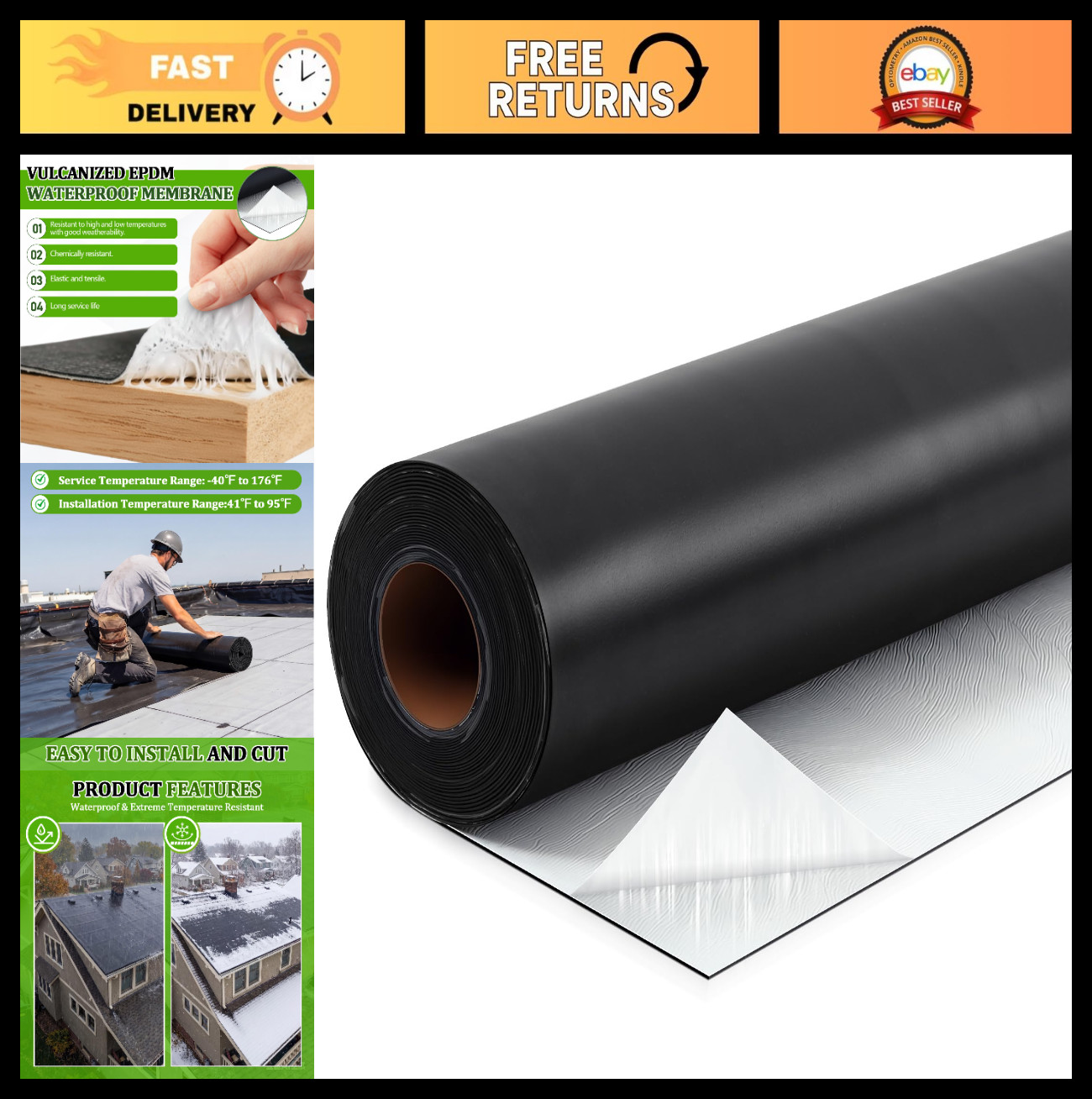 Self-Adhesive EPDM Rubber Roofing Membrane 39″x10ft, Waterproof Underlayment, 50