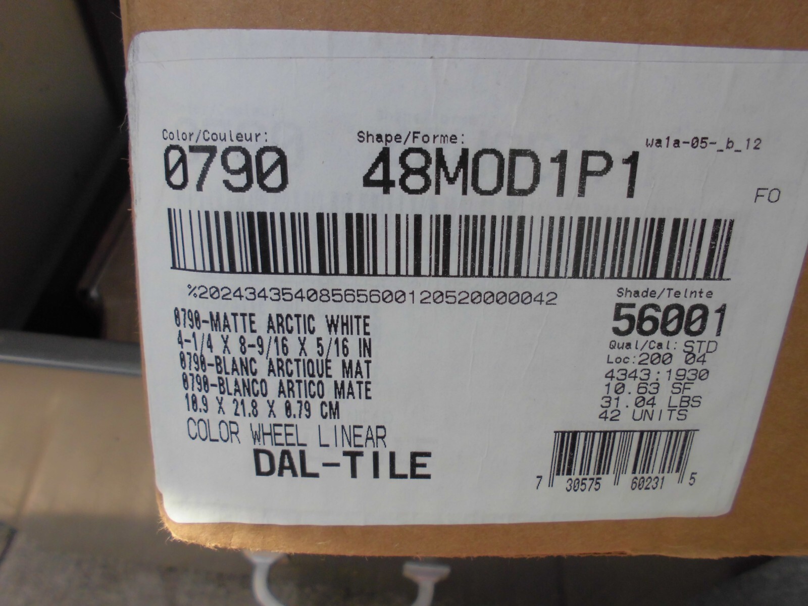 1 pc. Arctic White: 4-1/4″ X 8-9/16″ Matte Ceramic Tile by Daltile #0798, NEW
