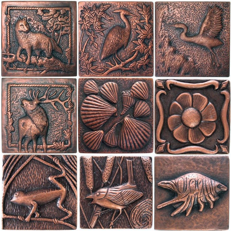 COPPER 4″ x 4″ x 3/8″ DECORATIVE WALL TILE (9 DESIGNS)