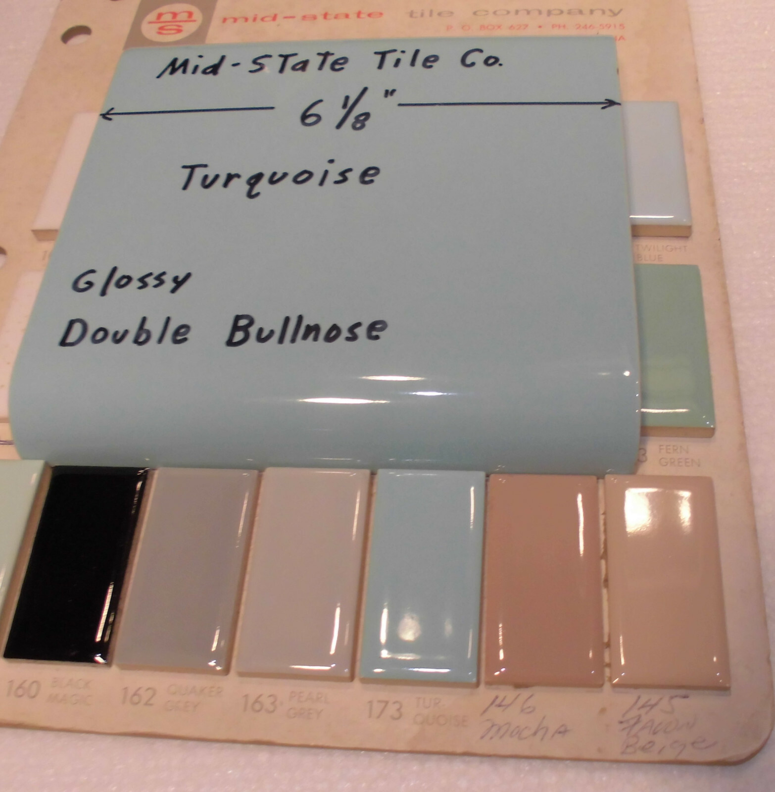 1 pc. Turquoise 6″ x 6″ Double Radius Bullnose Glossy Ceramic Tile: made 1950’s