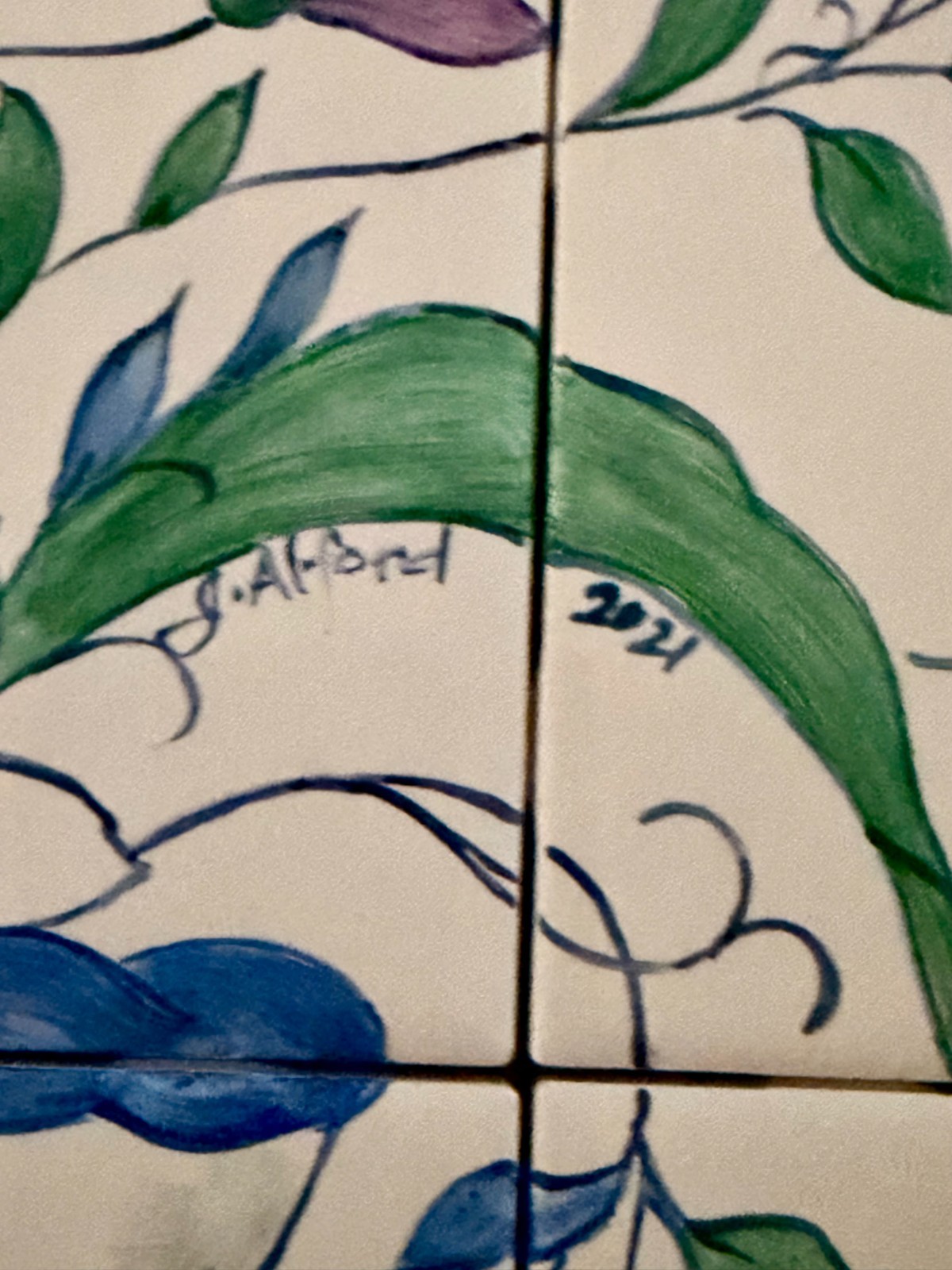 Hand Painted French Country Floral Tile Mural 15 Pc Judy Alford Signed 21×13