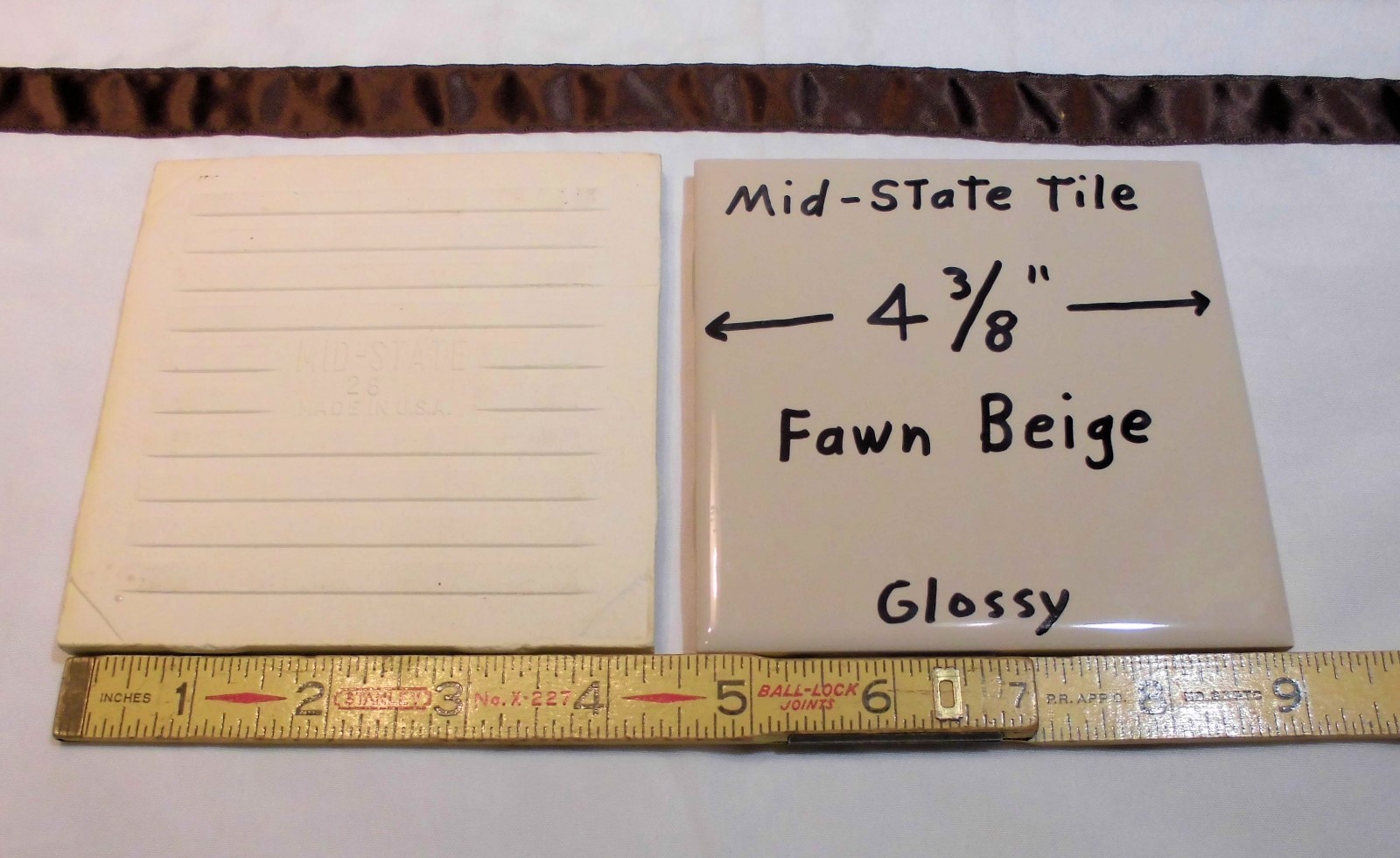 1 pc. *Fawn Beige* Glossy Ceramic Tiles by Mid-State “NOS” 4-3/8″ Peachy Tan