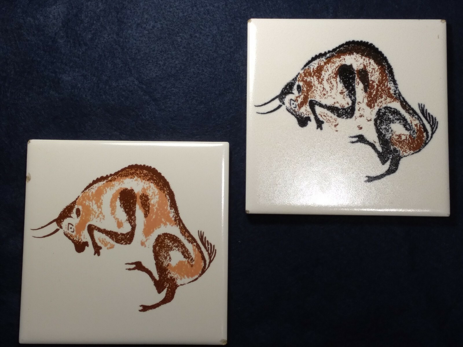 Pair Vintage France Lascaux Cave Painting Bison Decorative Ceramic Art Tiles 6″