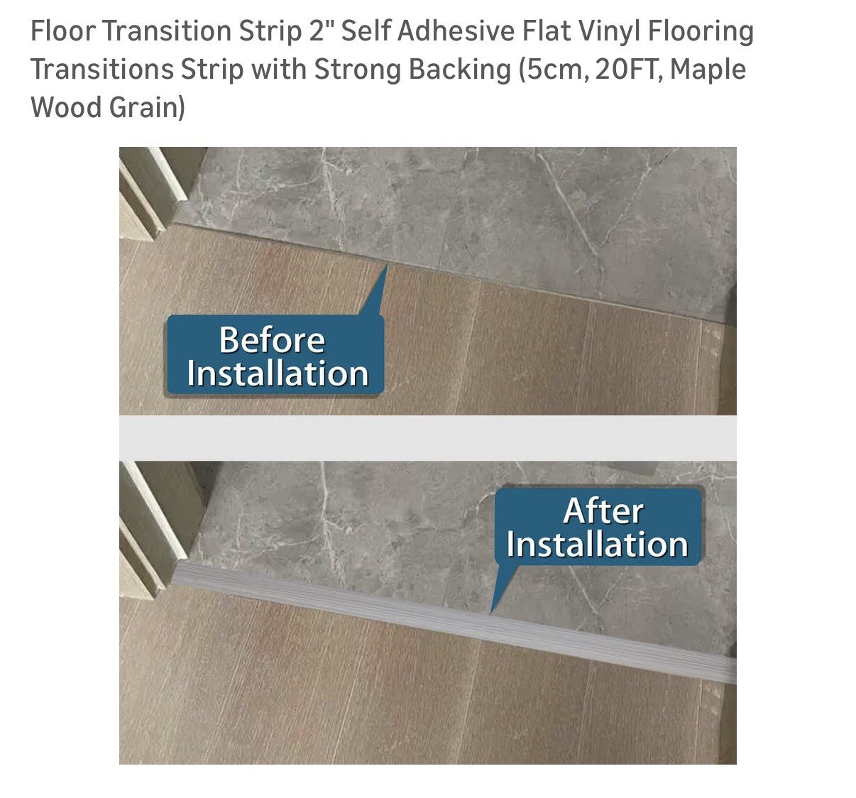 Floor Transition Strip 2” Self Adhesive Flat Vinyl . 5cm, 20Ft. Maple Wood Grain