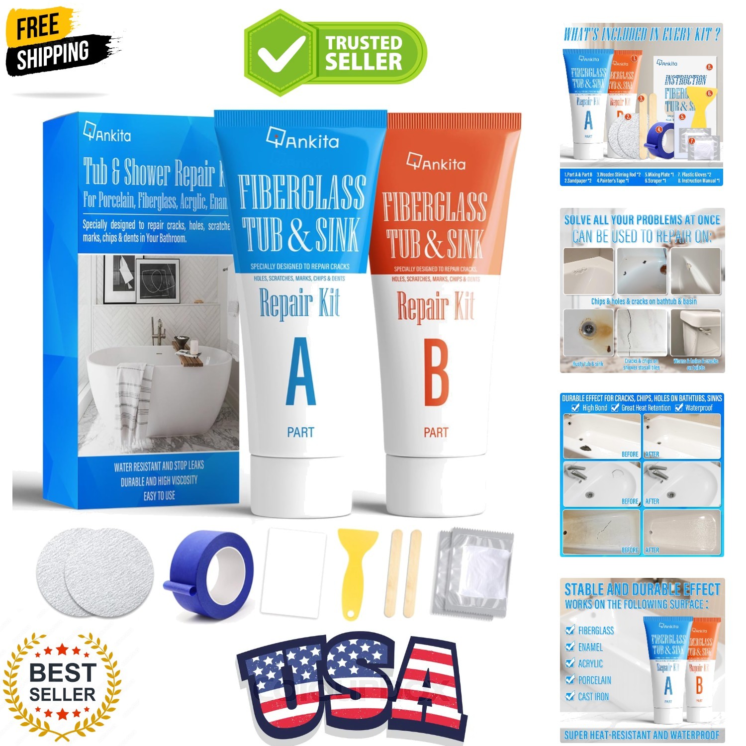 Tub Repair Kit White, Tub Chip and Bathtub Repair Kit for Enamel, Fiberglass,…
