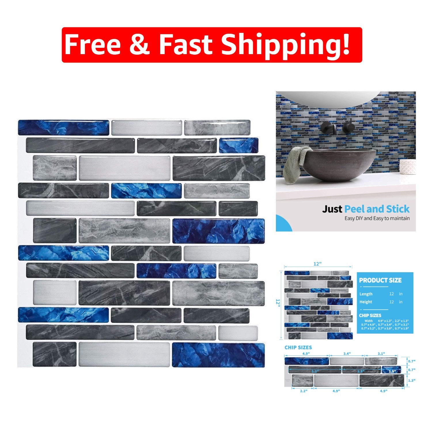 Modern Marble Finish Self-Adhesive Tiles – 10 Sheets, 3D Effect, 12″x12″