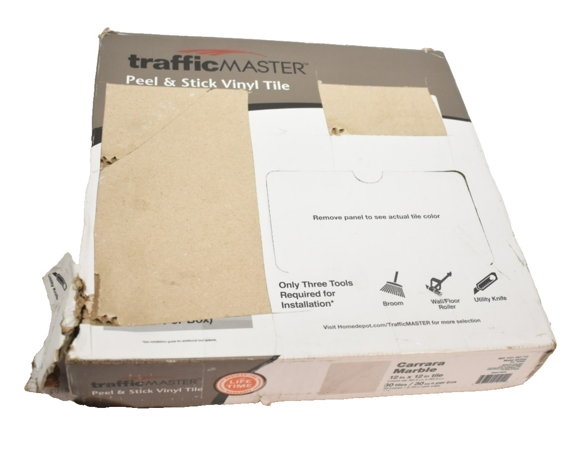 Trafficmaster Peel & Stick Tiles 30 Pack Carrara Marble 12″ x 12″ Vinyl White