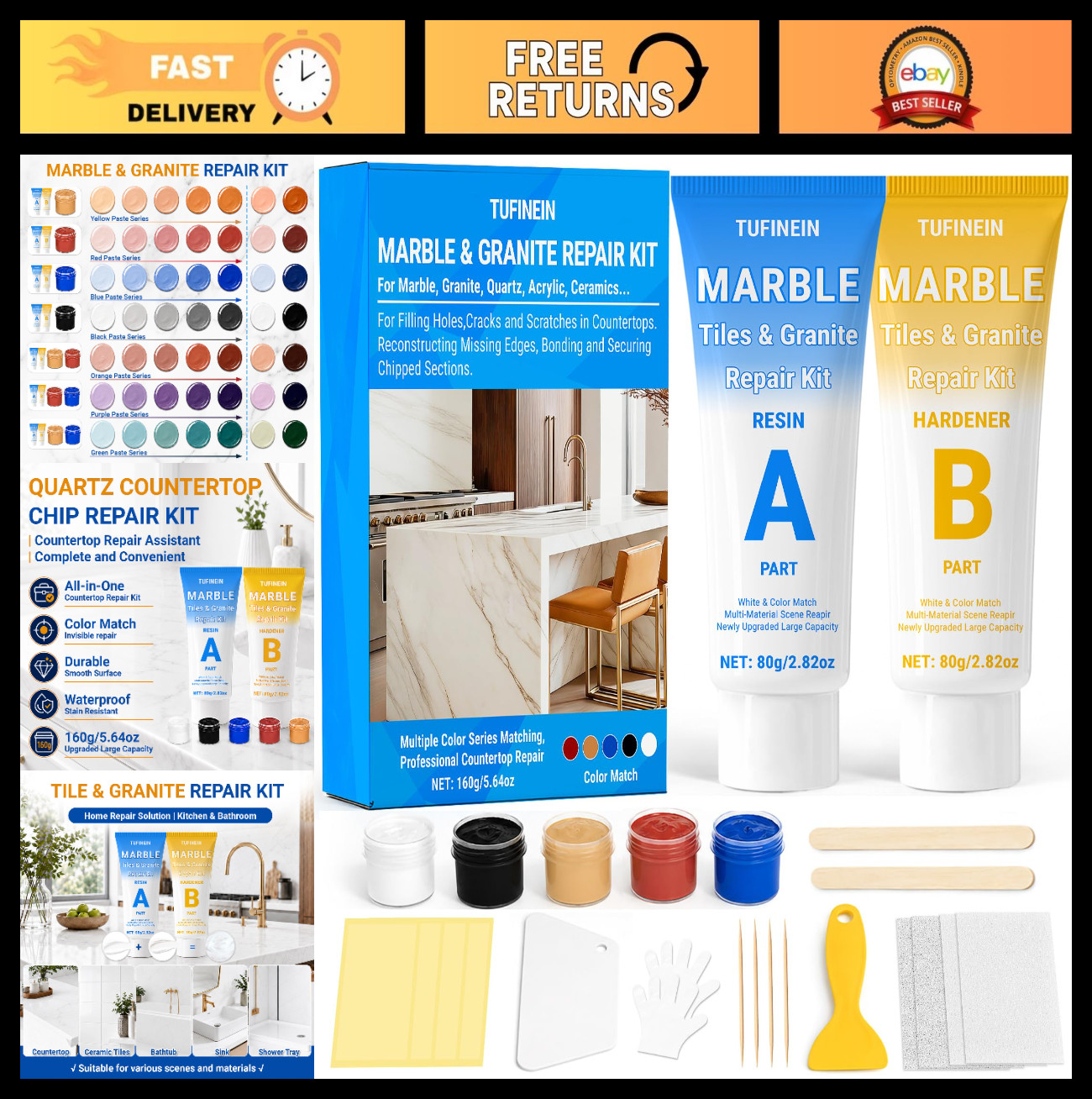 Marble & Granite Countertop Repair Kit – Fills Chips, Cracks, Scratches, Dents