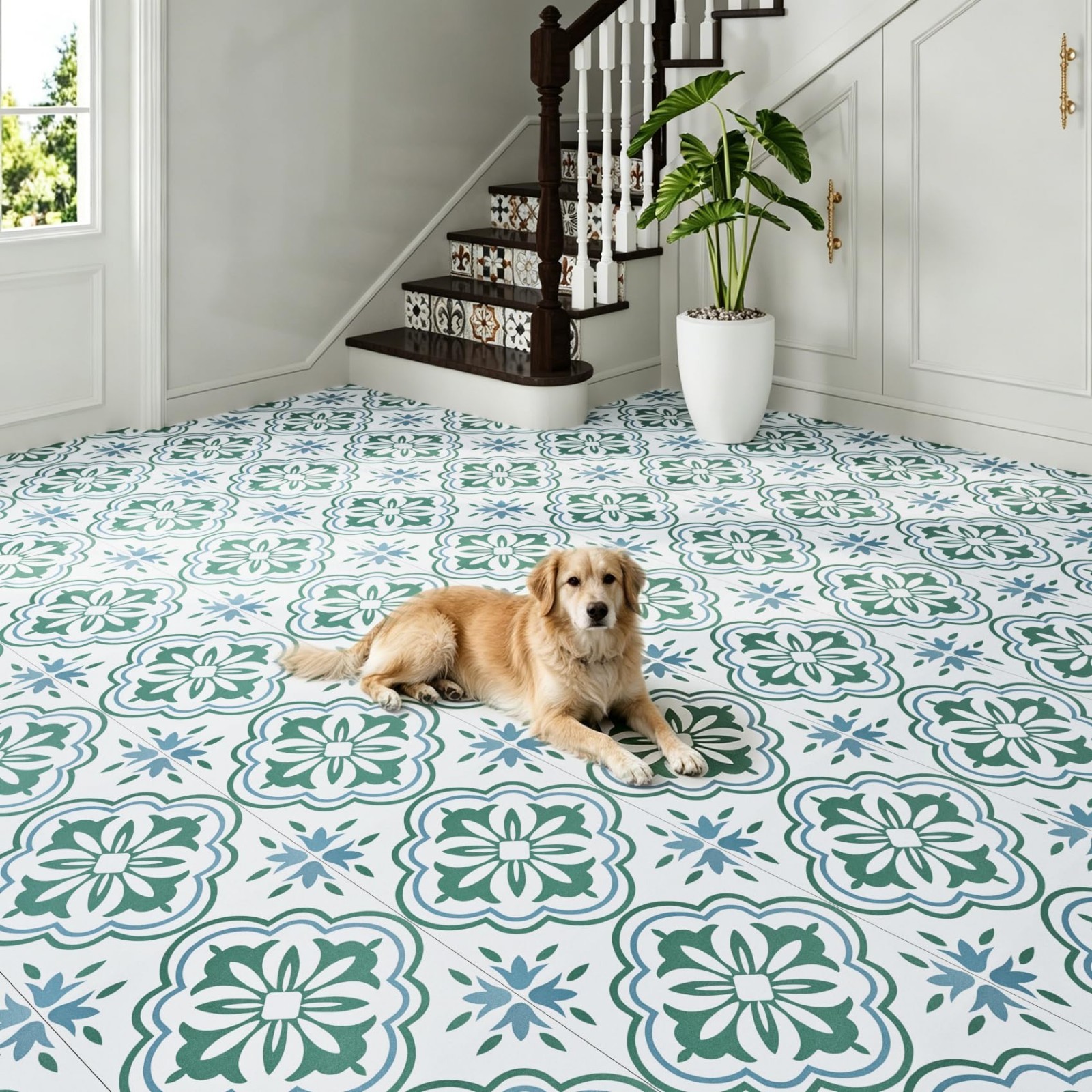 Waterproof Peel and Stick Floor Tiles – Sage Green & Blue Boho Floral Design, PV