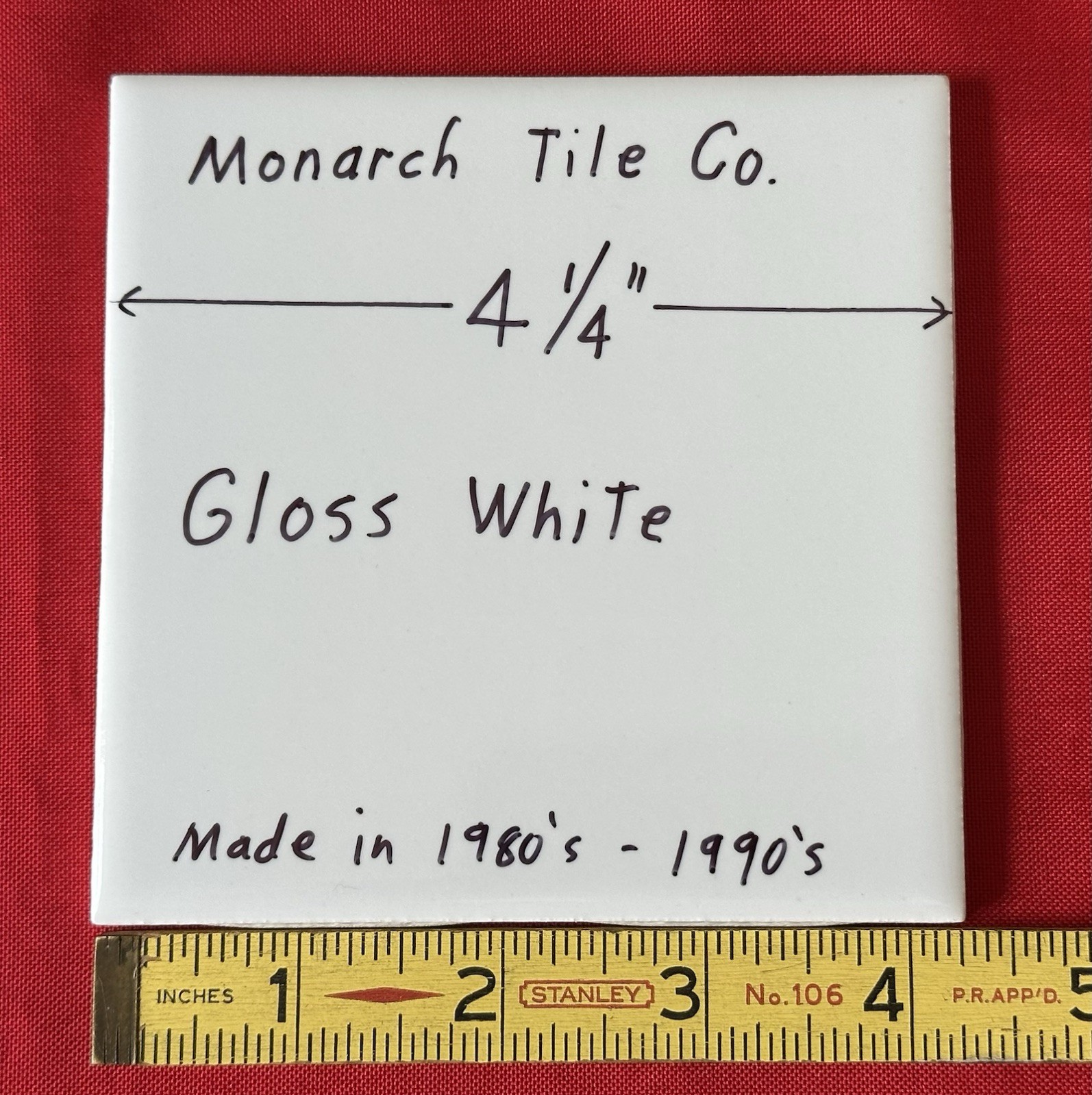 1 pc. Gloss – Bright – White: 4-1/4″ Ceramic Tile by Monarch Tile Co. USA, New